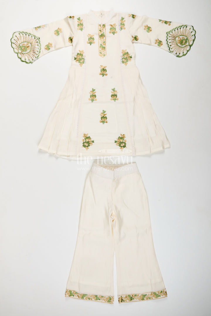 The Nesavu Girls Sharara / Plazo Set Girls white sharara set with thread embroidery for festive occasions Nesavu Nesavu girls white cotton sharara set with green thread embroidery and dupatta for festive wear
