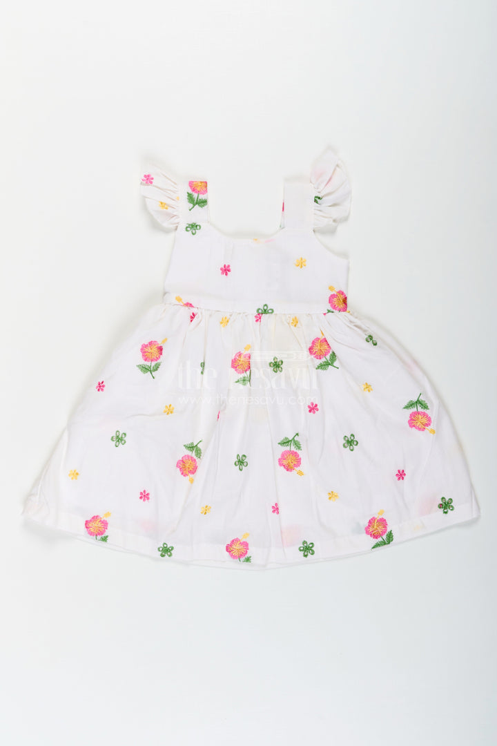 The Nesavu Girls Cotton Frock Girls White Short Frock in Cotton Embroidery with Floral Patterns and Ruffled Sleeves Nesavu 18 (2Y) / White GFC1654A-18 Nesavu Girls White Short Frock Cotton Embroidery Floral Patterns Ruffled Sleeves
