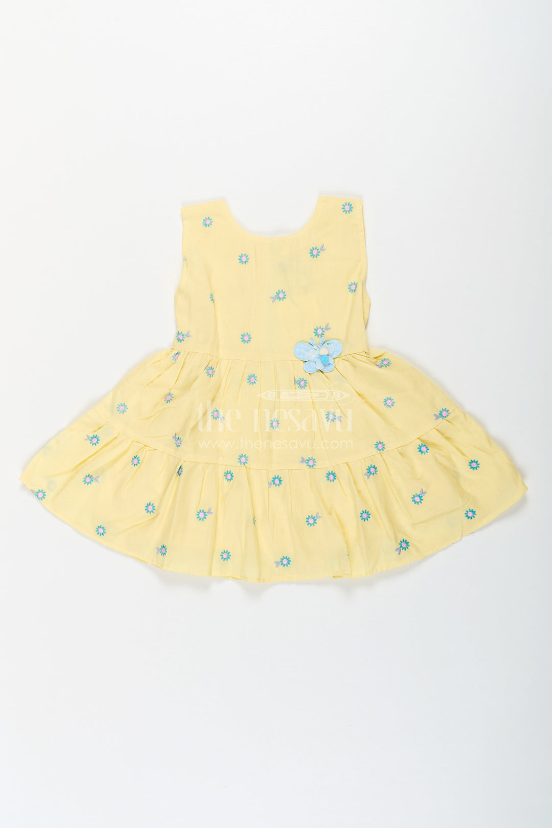 The Nesavu Baby Cotton Frocks Girls Yellow Butterfly Birthday Dress in Cotton with Embroidered Daisies and Blue Appliqué Nesavu Nesavu Yellow Butterfly Birthday Dress Girls Cotton Floral Embroidery Appliqu