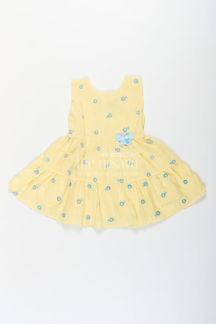 The Nesavu Baby Cotton Frocks Girls Yellow Butterfly Birthday Dress in Cotton with Embroidered Daisies and Blue Appliqué Nesavu Nesavu Yellow Butterfly Birthday Dress Girls Cotton Floral Embroidery Appliqu