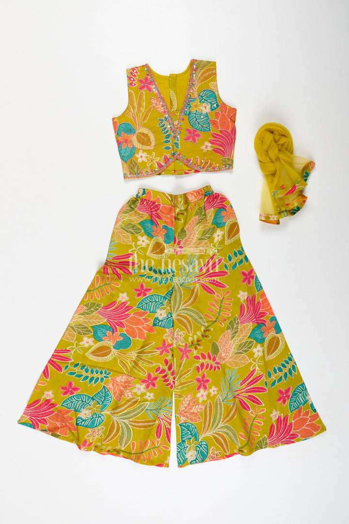 The Nesavu Girls Casual Set Girls Yellow Casual Dress in Muslin Silk with Digital Printed Patterns and Stylish Two-Piece Set Nesavu Nesavu Girls Yellow Muslin Silk Casual Dress Set Digital Prints Stylish Everyday Appeal