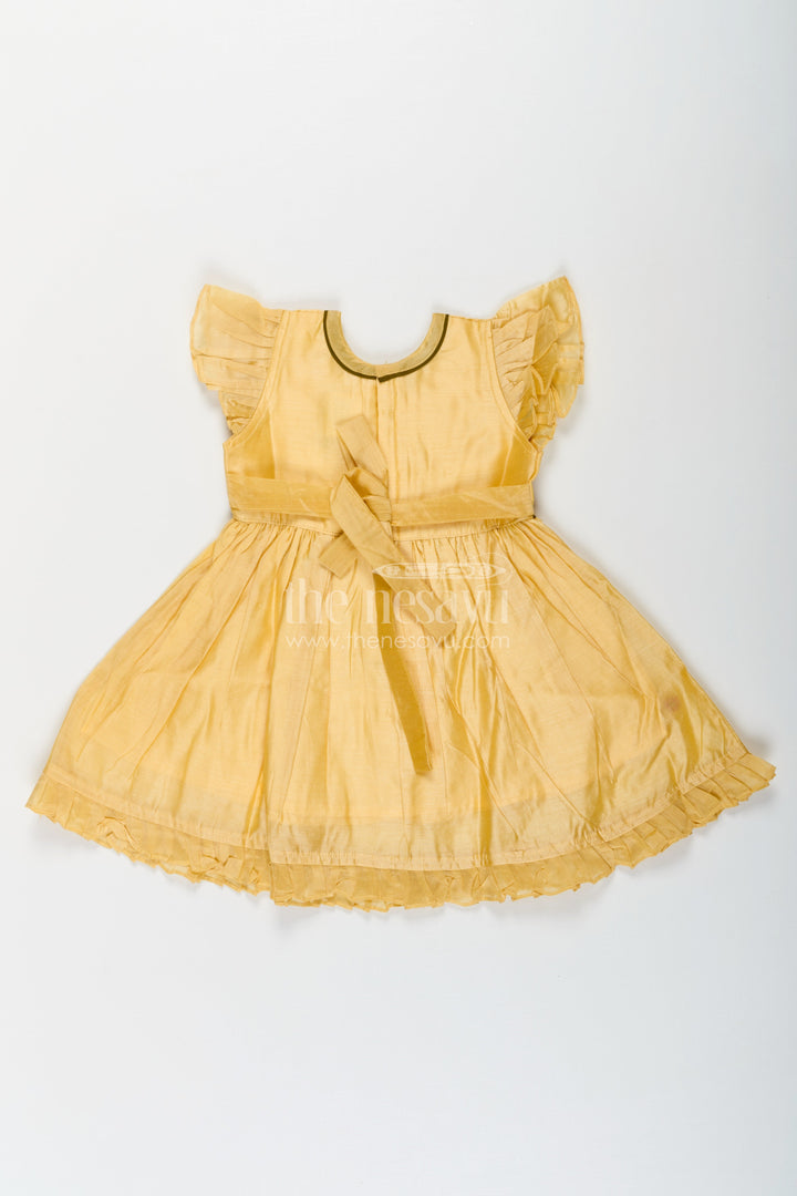 The Nesavu Girls Chanderi Frock Girls Yellow Chanderi Simple Frocks Designs with Paisley Embroidery and Soft Ruffles Nesavu Nesavu Yellow Chanderi Simple Frocks Designs Paisley Embroidery Girls