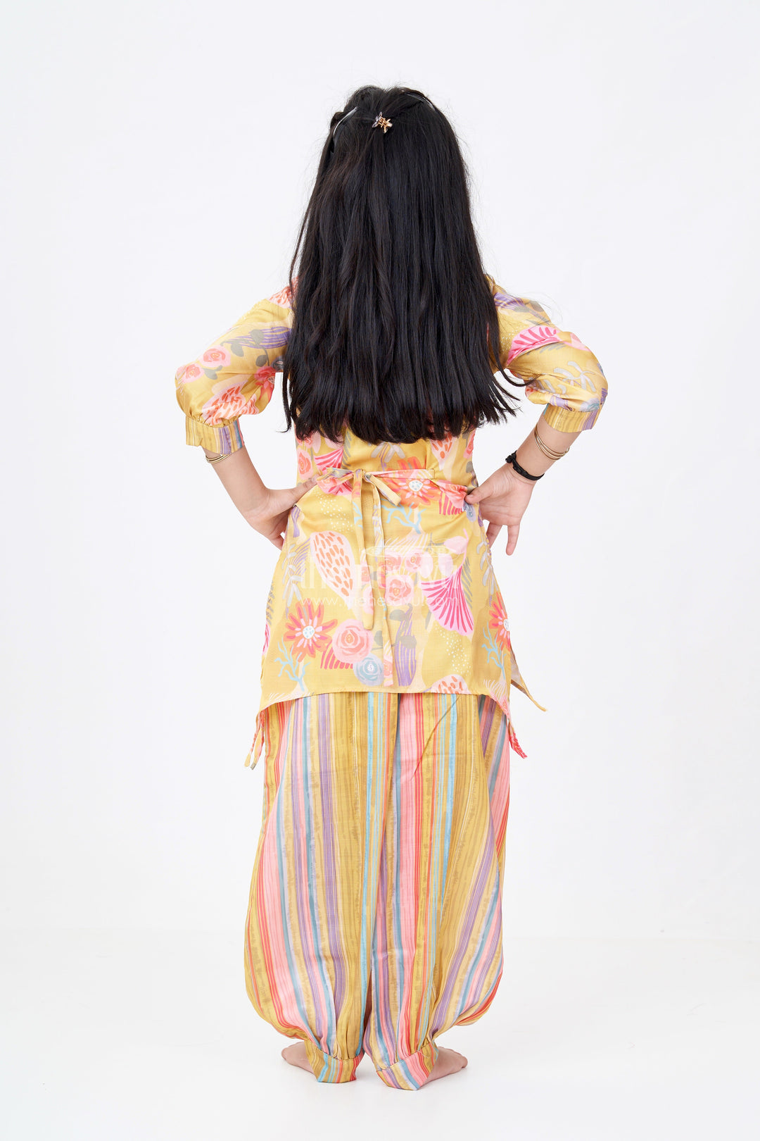 The Nesavu Girls Sharara / Plazo Set Girls Yellow Co-ord Set with Floral Printed Kurti and Striped Pants Nesavu Nesavu Girls Yellow Co-ord Set Floral Printed Kurti Striped Pants