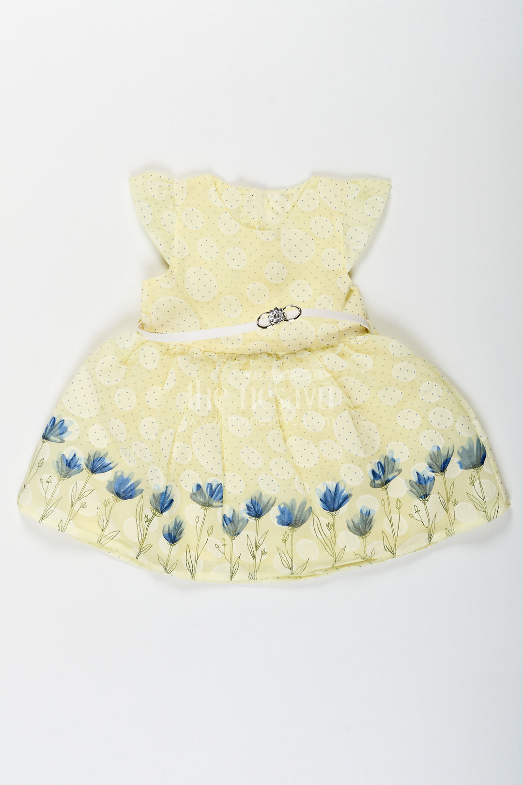 The Nesavu Baby Cotton Frocks Girls Yellow Cotton Blend Polka Dot Frock with Blue Floral Hem and Flared Sleeves for Baby Wear Nesavu 14 (6M) / Yellow BFJ760B-14 Nesavu Baby Girls Yellow Polka Dot Cotton Frock Blue Floral Border Soft Blend Fabric
