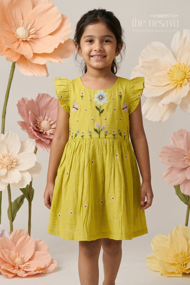 The Nesavu Girls Cotton Frock Girls Yellow Cotton Frock with Embroidery for Summer and Daily Wear Nesavu 20 (3Y) / Yellow / Cotton GFC2170B-20 Nesavu girls yellow cotton frock with embroidery for summer casual wear