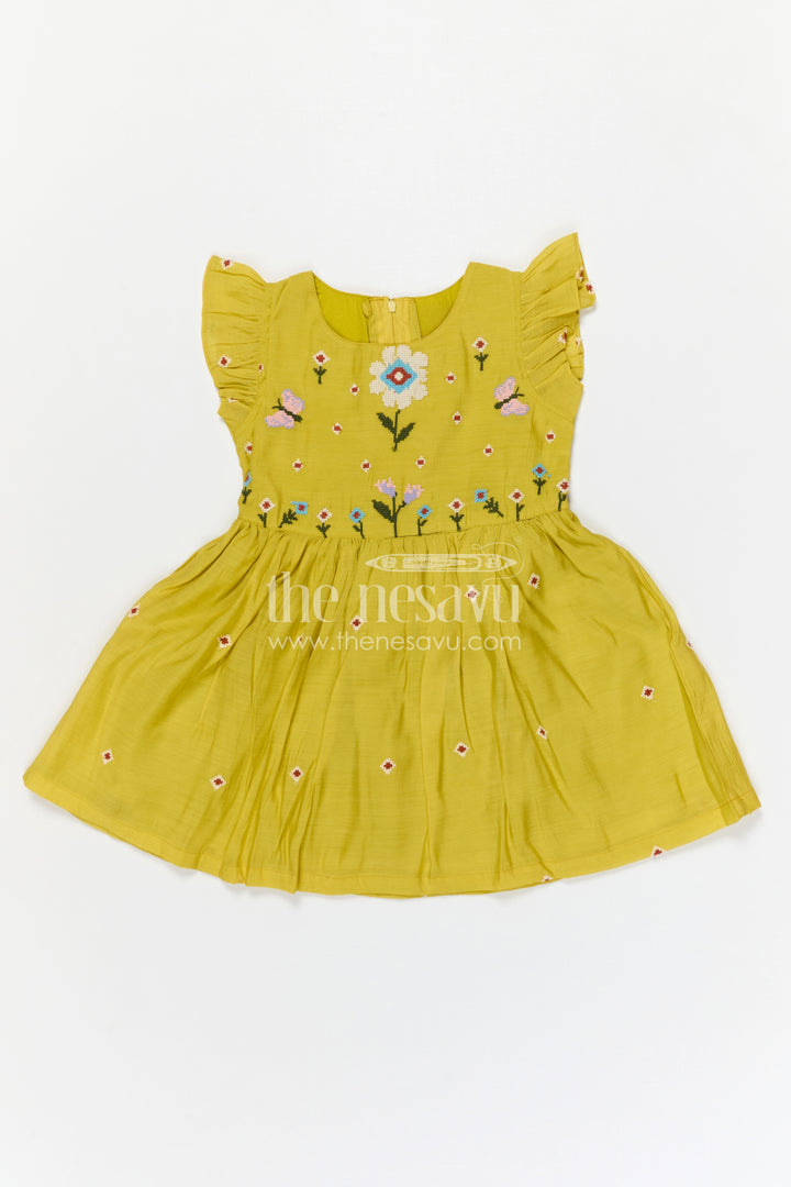 The Nesavu Girls Cotton Frock Girls Yellow Cotton Frock with Embroidery for Summer and Daily Wear Nesavu Nesavu girls yellow cotton frock with embroidery for summer casual wear
