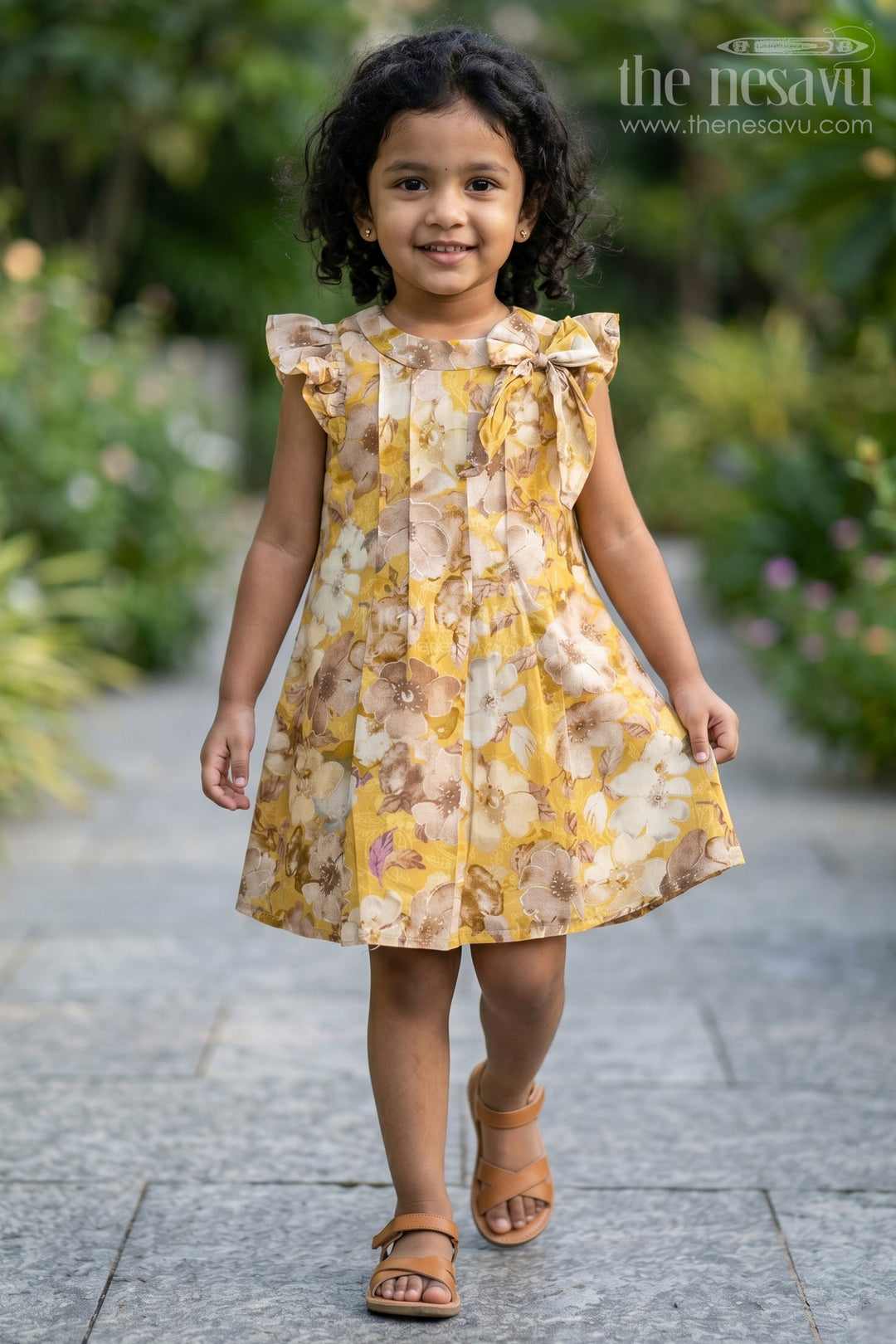 The Nesavu Girls Cotton Frock Girls Yellow Cotton Frock with Floral Prints and Elegant Pleats for Comfortable Everyday Wear Nesavu 16 (1Y) / Yellow GFC1611A-16 Girls Yellow Cotton Frock Floral Print Pleats a Stylish Casual Look | The Nesavu