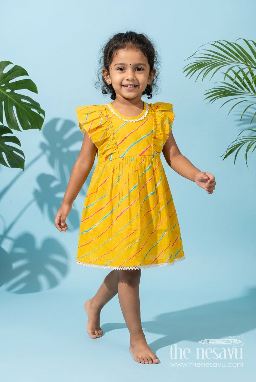 The Nesavu Girls Cotton Frock Girls Yellow Cotton Frock with Flutter Sleeves for Summer Outings Nesavu 16 (1Y) / Yellow GFC2052A-16 Nesavu yellow cotton frock for girls with flutter sleeves and digital print – perfect for sunny days