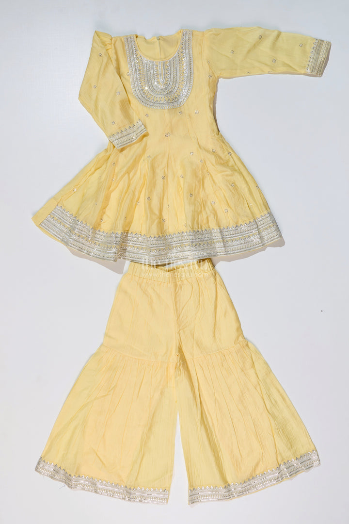 The Nesavu Girls Sharara / Plazo Set Girls Yellow Cotton Sharara Set with Silver Borders and Flared Sleeves for a Bright simple sharara suit Look Nesavu 18 (2Y) / Yellow GPS528A-18 Nesavu Girls Yellow Cotton Sharara Set Silver Border Detailing simple sharara suit