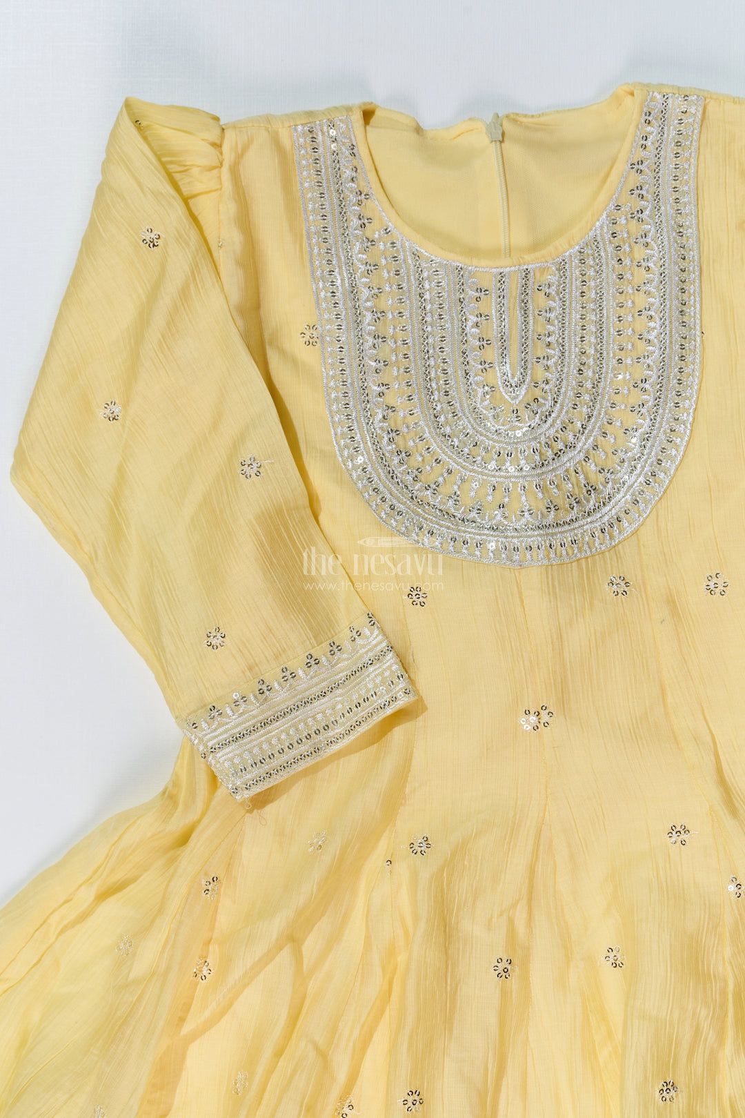 The Nesavu Girls Sharara / Plazo Set Girls Yellow Cotton Sharara Set with Silver Borders and Flared Sleeves for a Bright simple sharara suit Look Nesavu Nesavu Girls Yellow Cotton Sharara Set Silver Border Detailing simple sharara suit