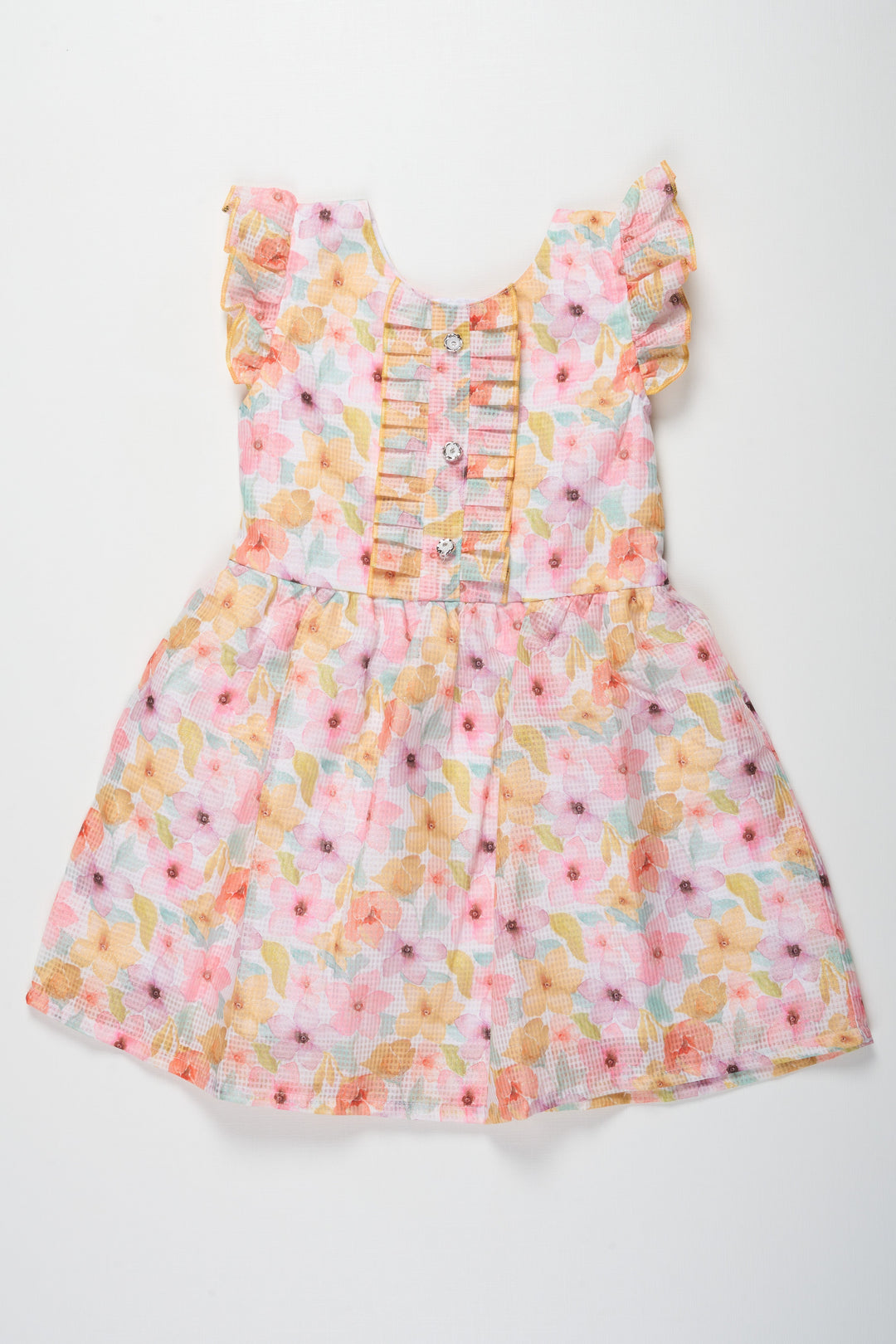 The Nesavu Girls Cotton Frock Girls Yellow Floral Cotton Frock with Ruffled Sleeves and Pleats Featuring Design Of Frock Dress Nesavu 12 (3M) / Yellow GFC1309B-12 Nesavu Girls Yellow Floral Printed Cotton Blend Frock Pleats Ruffled Sleeves design frock dress