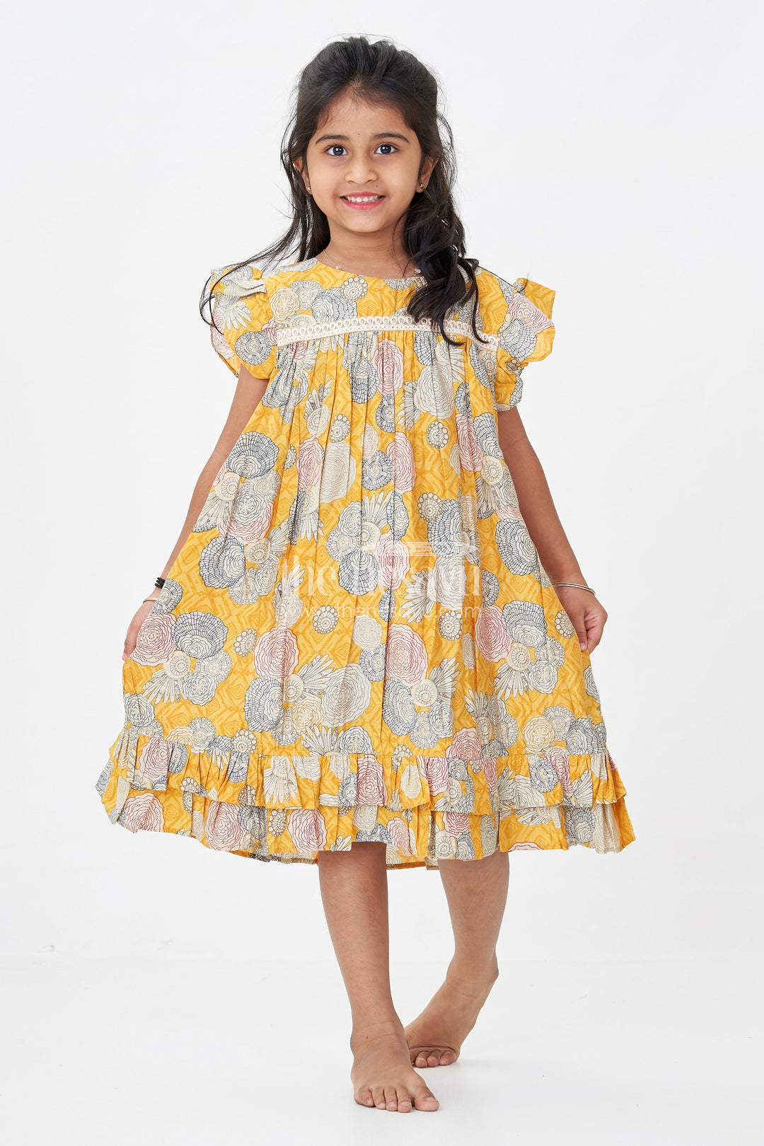 The Nesavu Girls Fancy Frock Girls Yellow Frock Design in Moadal Silk with Digital Floral Print and Ruffle Sleeves for Bright Looks Nesavu 18 (2Y) / Yellow GFC1759A-18 Nesavu Girls Yellow Frock Design Moadal Silk Floral Print Ruffle Sleeves