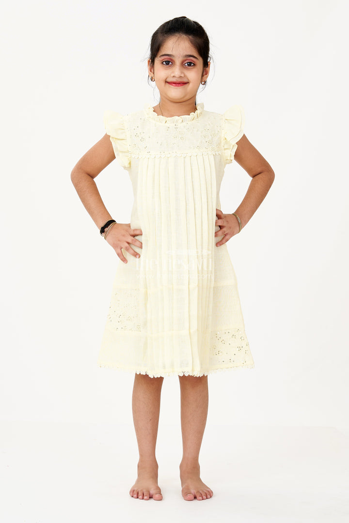 The Nesavu Girls Cotton Frock Girls Yellow Frock with Floral Embroidery and Pleats for Stylish Everyday Wear Nesavu Nesavu Girls Yellow Cotton Frock Embroidery Pleated Skirt Everyday Party Wear