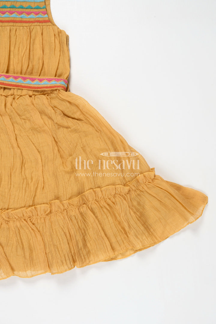 The Nesavu Girls Cotton Frock Girls Yellow Frocks Design with Popcorn Crush Cotton and Multicolor Embroidered Details Nesavu Nesavu Yellow Frocks Design Girls Thread Embroidery Soft Popcorn Crush Cotton Finish