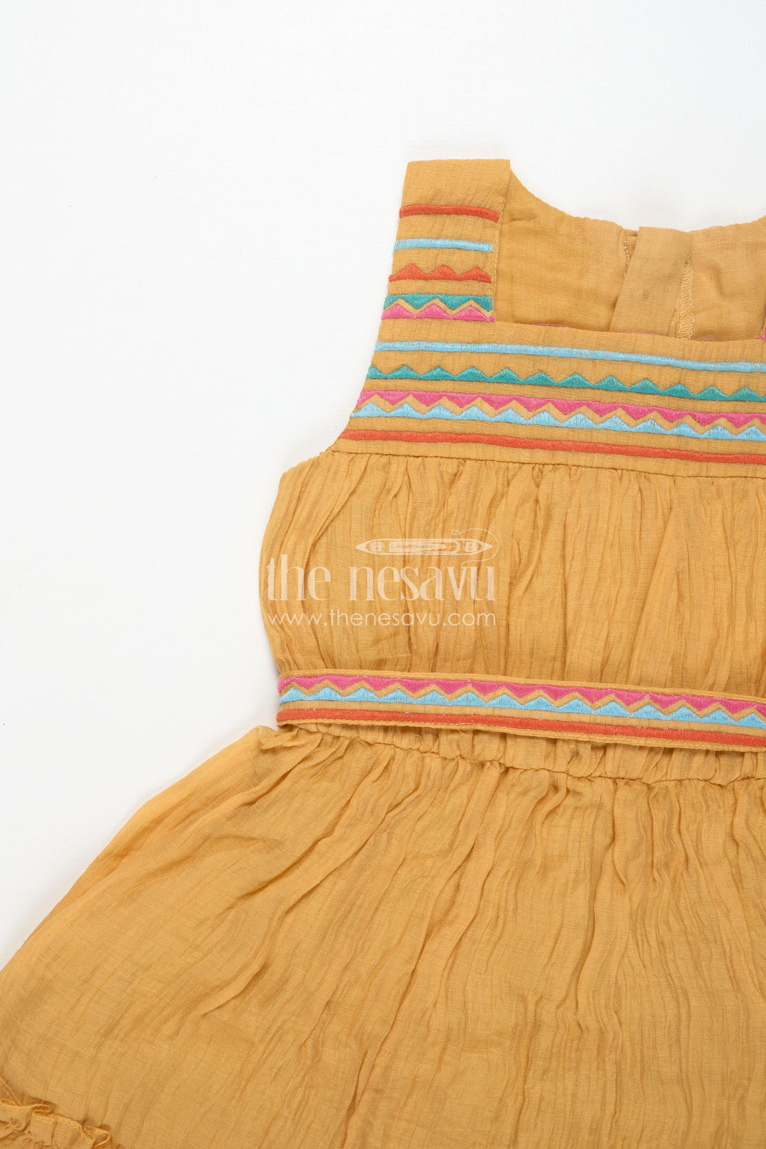 The Nesavu Girls Cotton Frock Girls Yellow Frocks Design with Popcorn Crush Cotton and Multicolor Embroidered Details Nesavu Nesavu Yellow Frocks Design Girls Thread Embroidery Soft Popcorn Crush Cotton Finish