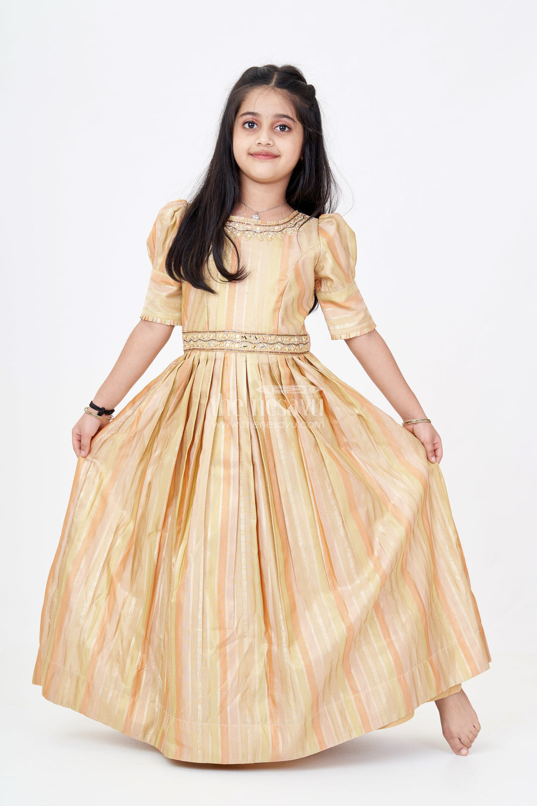 The Nesavu Girls Silk Gown Girls Yellow Georgette Anarkali with Gold Striped Pattern and Embroidered Neckline Nesavu 18 (2Y) / Yellow GA291A-18 Nesavu Girls Elegant Yellow Georgette Anarkali Embroidery Gold Stripes