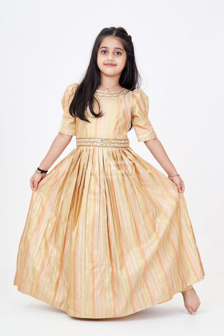 The Nesavu Girls Silk Gown Girls Yellow Georgette Anarkali with Gold Striped Pattern and Embroidered Neckline Nesavu 18 (2Y) / Yellow GA291A-18 Nesavu Girls Elegant Yellow Georgette Anarkali Embroidery Gold Stripes