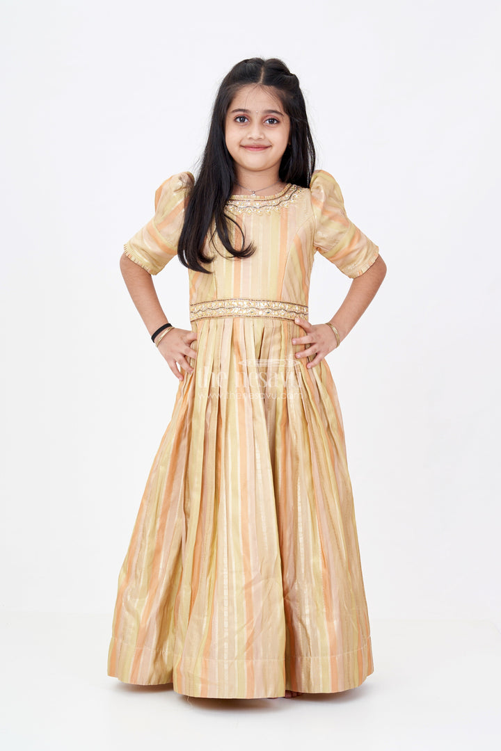 The Nesavu Girls Silk Gown Girls Yellow Georgette Anarkali with Gold Striped Pattern and Embroidered Neckline Nesavu Nesavu Girls Elegant Yellow Georgette Anarkali Embroidery Gold Stripes