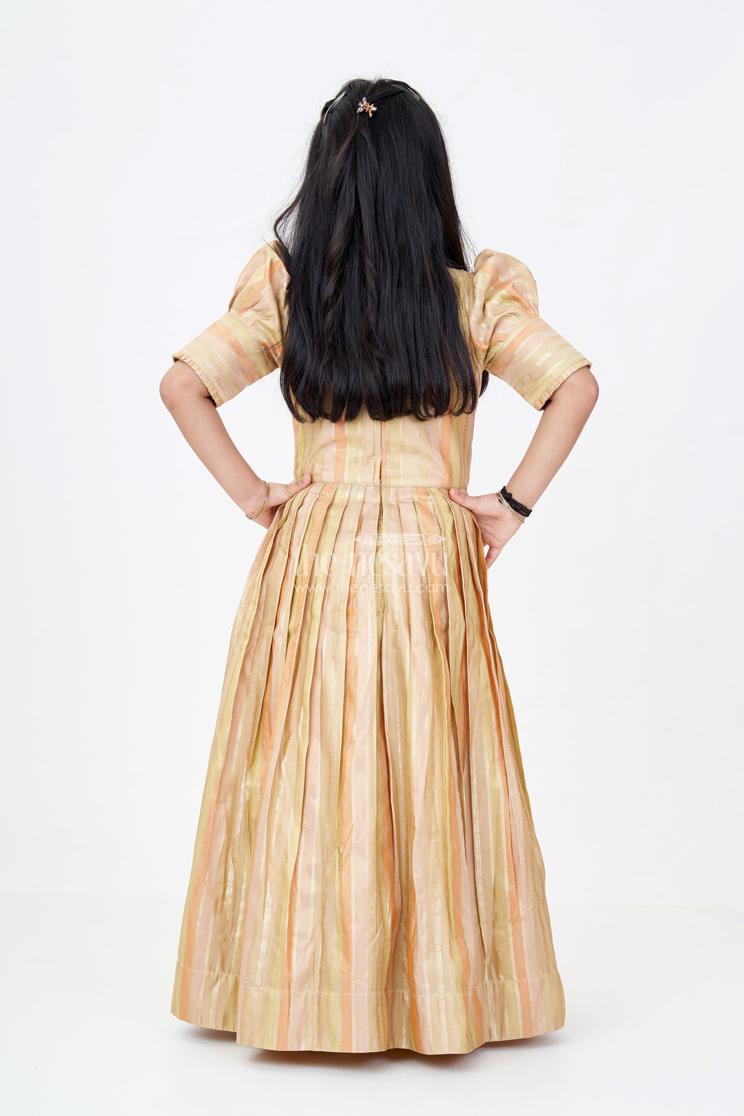 The Nesavu Girls Silk Gown Girls Yellow Georgette Anarkali with Gold Striped Pattern and Embroidered Neckline Nesavu Nesavu Girls Elegant Yellow Georgette Anarkali Embroidery Gold Stripes