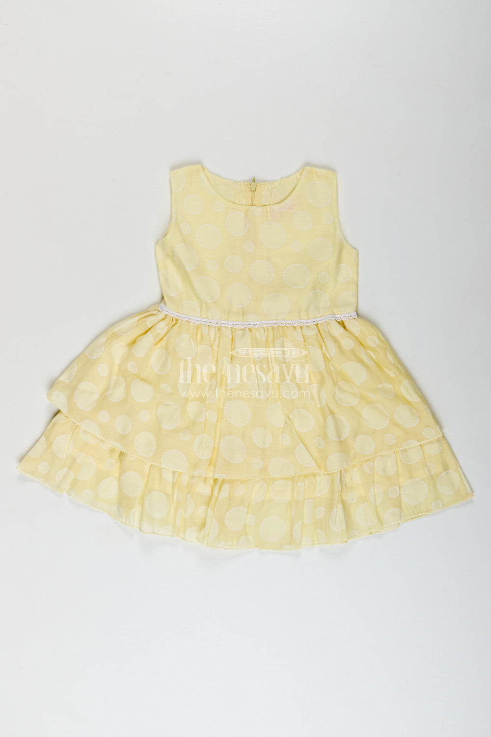 The Nesavu Girls Fancy Frock Girls yellow georgette frock with polka dots for parties and festive wear Nesavu 20 (3Y) / Yellow GFC1828C-20 Nesavu girls yellow georgette frock polka dots birthdays festive occasions