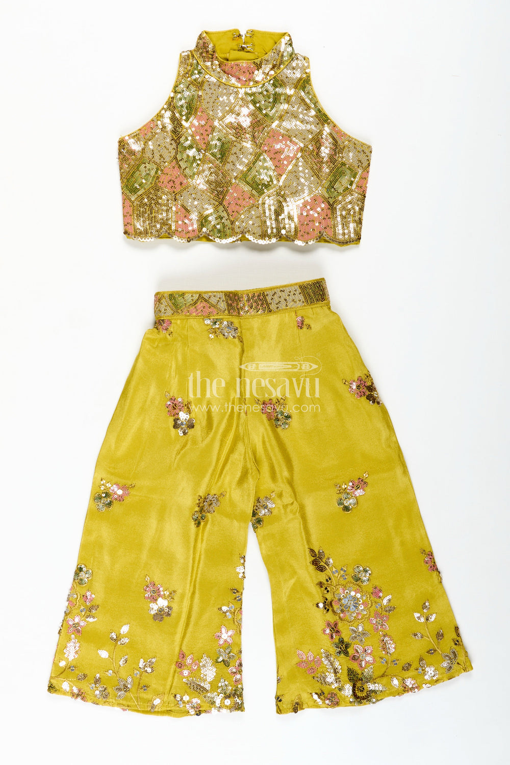 The Nesavu Girls Sharara / Plazo Set Girls Yellow Georgette Indo-Western Palazzo Set with Sequin Embroidery Nesavu 18 (2Y) / Yellow GPS659A-18 Nesavu Yellow Georgette Palazzo Set Girls Haldi Function Festive Wear