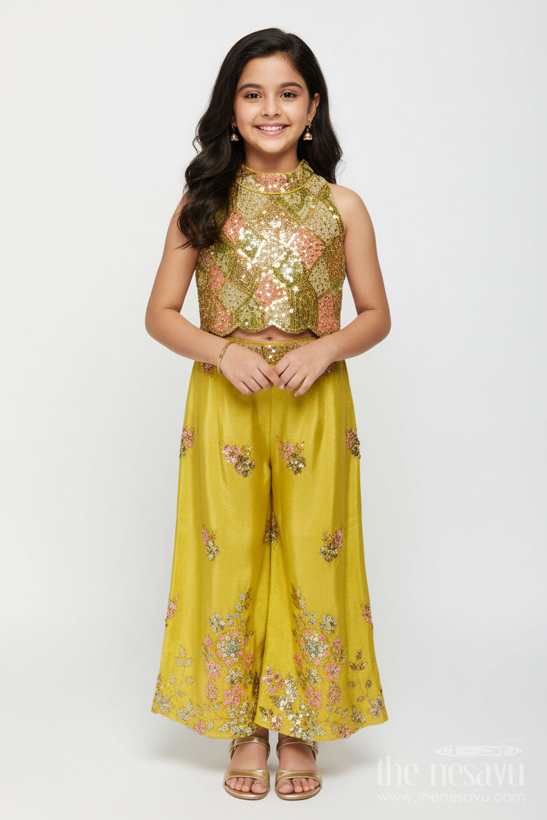 The Nesavu Girls Sharara / Plazo Set Girls Yellow Georgette Indo-Western Palazzo Set with Sequin Embroidery Nesavu 18 (2Y) / Yellow GPS659A-18 Nesavu Yellow Georgette Palazzo Set Girls Haldi Function Festive Wear