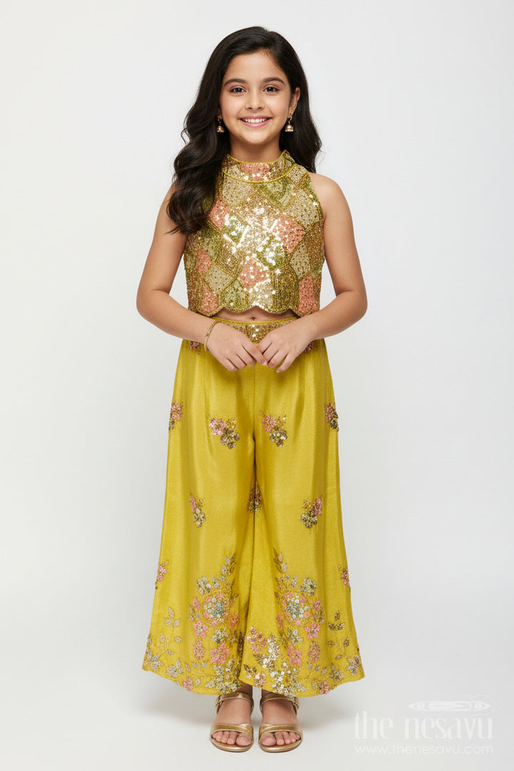The Nesavu Girls Sharara / Plazo Set Girls Yellow Georgette Indo-Western Palazzo Set with Sequin Embroidery Nesavu 18 (2Y) / Yellow GPS659A-18 Nesavu Yellow Georgette Palazzo Set Girls Haldi Function Festive Wear