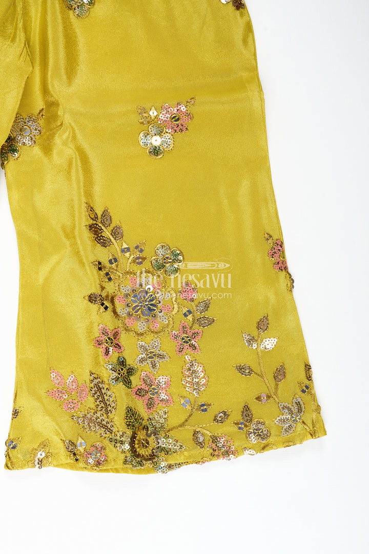 The Nesavu Girls Sharara / Plazo Set Girls Yellow Georgette Indo-Western Palazzo Set With Sequin Embroidery Nesavu Nesavu Yellow Georgette Palazzo Set Girls Haldi Function Festive Wear