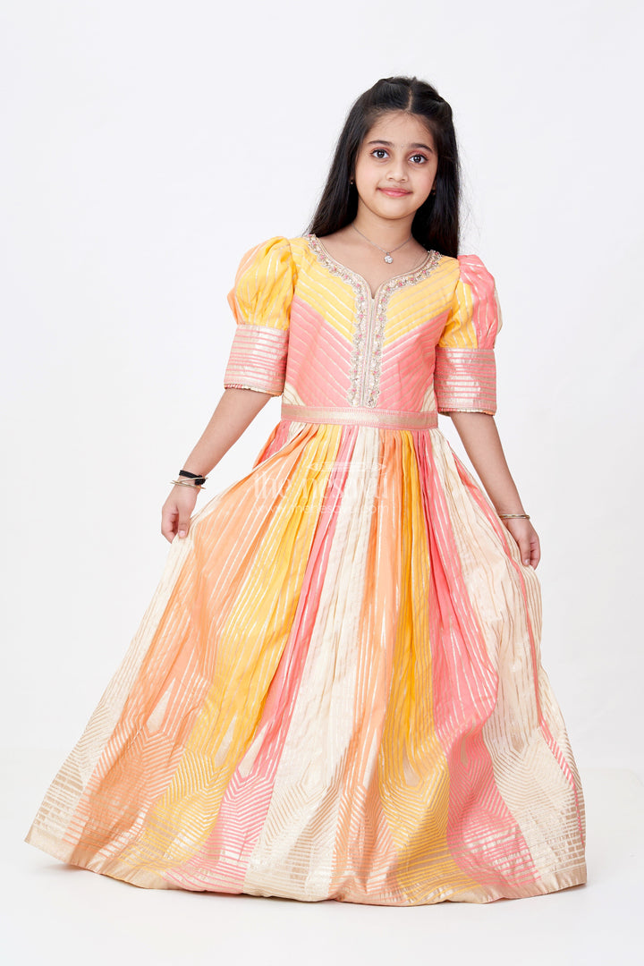The Nesavu Girls Silk Gown Girls Yellow Gown with Banarasi Kali Jacquard Silk and Embellished Neckline for Festive Wear Nesavu 18 (2Y) / Yellow GA299A-18 Nesavu Girls Yellow Gown Banarasi Kali Jacquard Silk Embellished Neckline Festive Wear