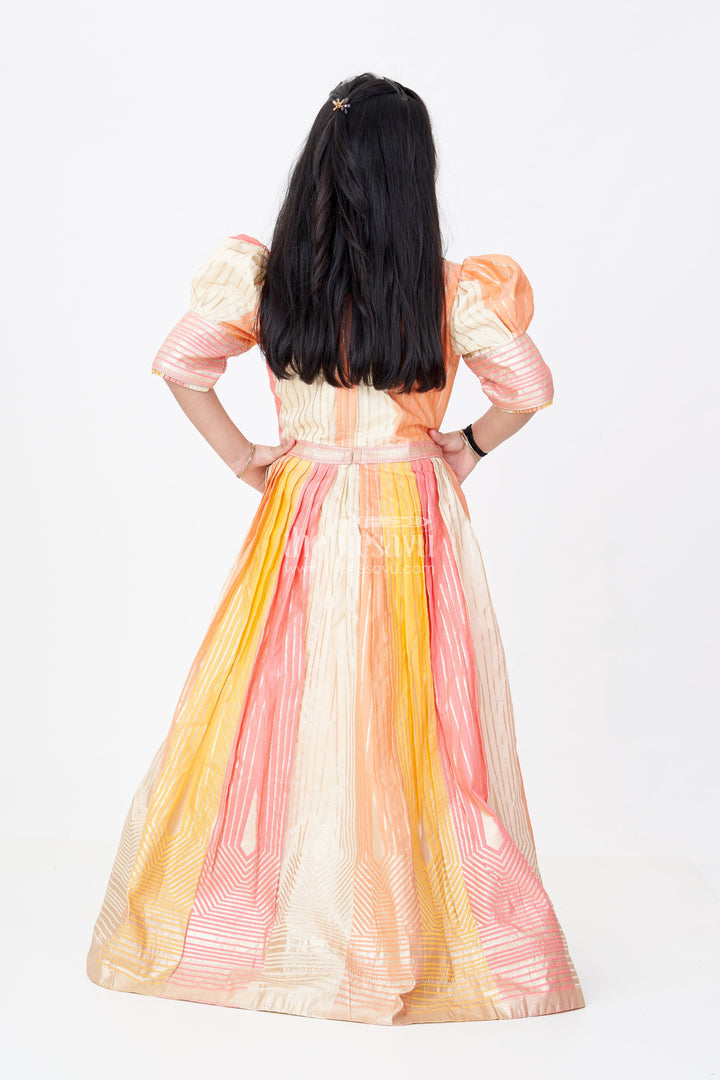 The Nesavu Girls Silk Gown Girls Yellow Gown with Banarasi Kali Jacquard Silk and Embellished Neckline for Festive Wear Nesavu Nesavu Girls Yellow Gown Banarasi Kali Jacquard Silk Embellished Neckline Festive Wear