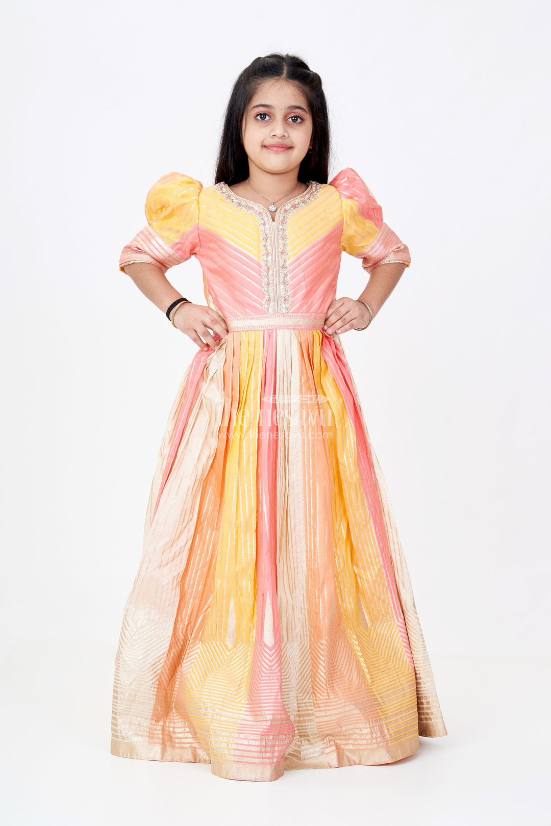 The Nesavu Girls Silk Gown Girls Yellow Gown with Banarasi Kali Jacquard Silk and Embellished Neckline for Festive Wear Nesavu Nesavu Girls Yellow Gown Banarasi Kali Jacquard Silk Embellished Neckline Festive Wear