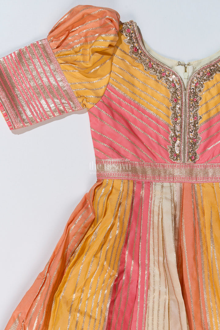 The Nesavu Girls Silk Gown Girls Yellow Gown with Banarasi Kali Jacquard Silk and Embellished Neckline for Festive Wear Nesavu Nesavu Girls Yellow Gown Banarasi Kali Jacquard Silk Embellished Neckline Festive Wear