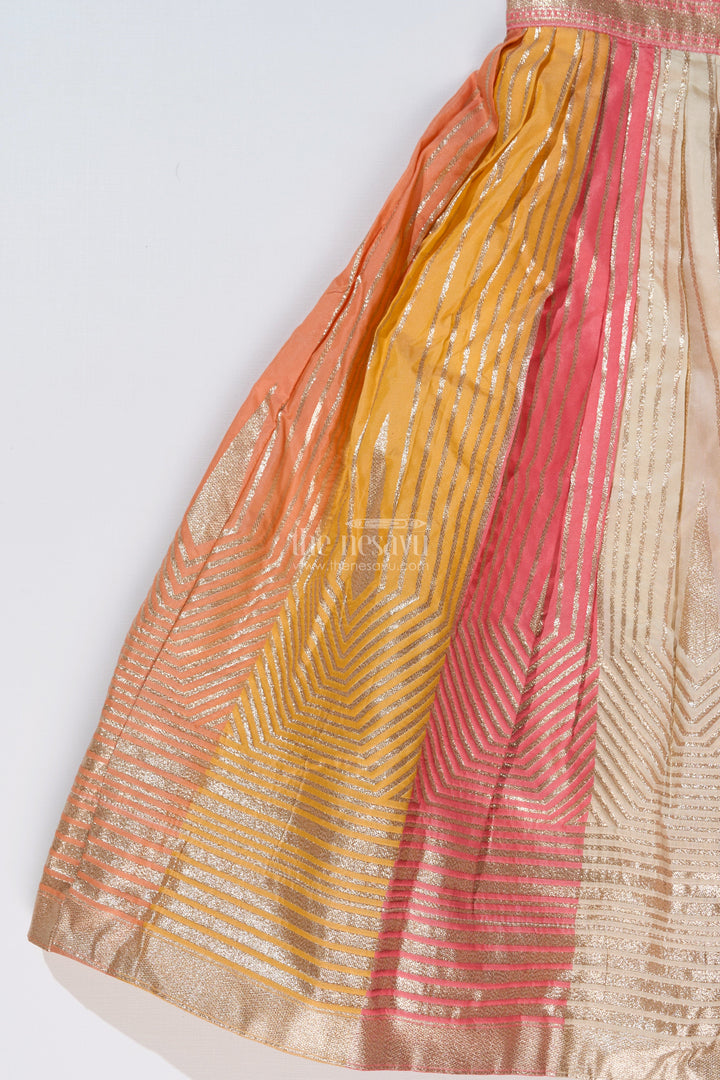 The Nesavu Girls Silk Gown Girls Yellow Gown with Banarasi Kali Jacquard Silk and Embellished Neckline for Festive Wear Nesavu Nesavu Girls Yellow Gown Banarasi Kali Jacquard Silk Embellished Neckline Festive Wear