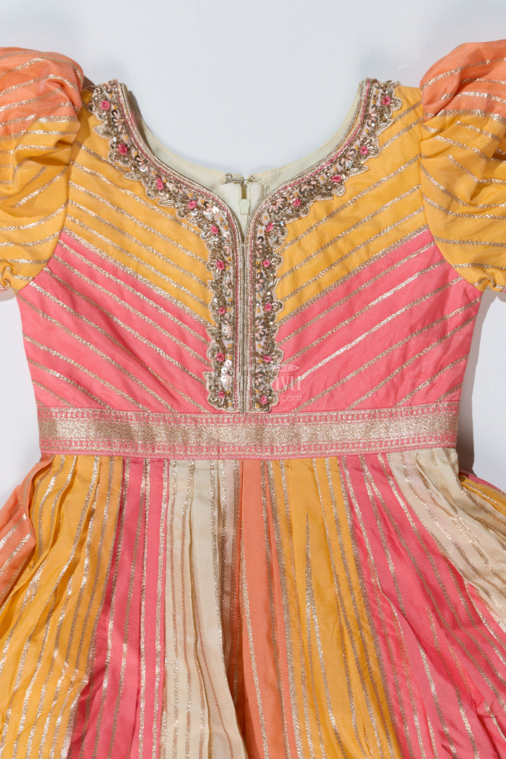 The Nesavu Girls Silk Gown Girls Yellow Gown with Banarasi Kali Jacquard Silk and Embellished Neckline for Festive Wear Nesavu Nesavu Girls Yellow Gown Banarasi Kali Jacquard Silk Embellished Neckline Festive Wear