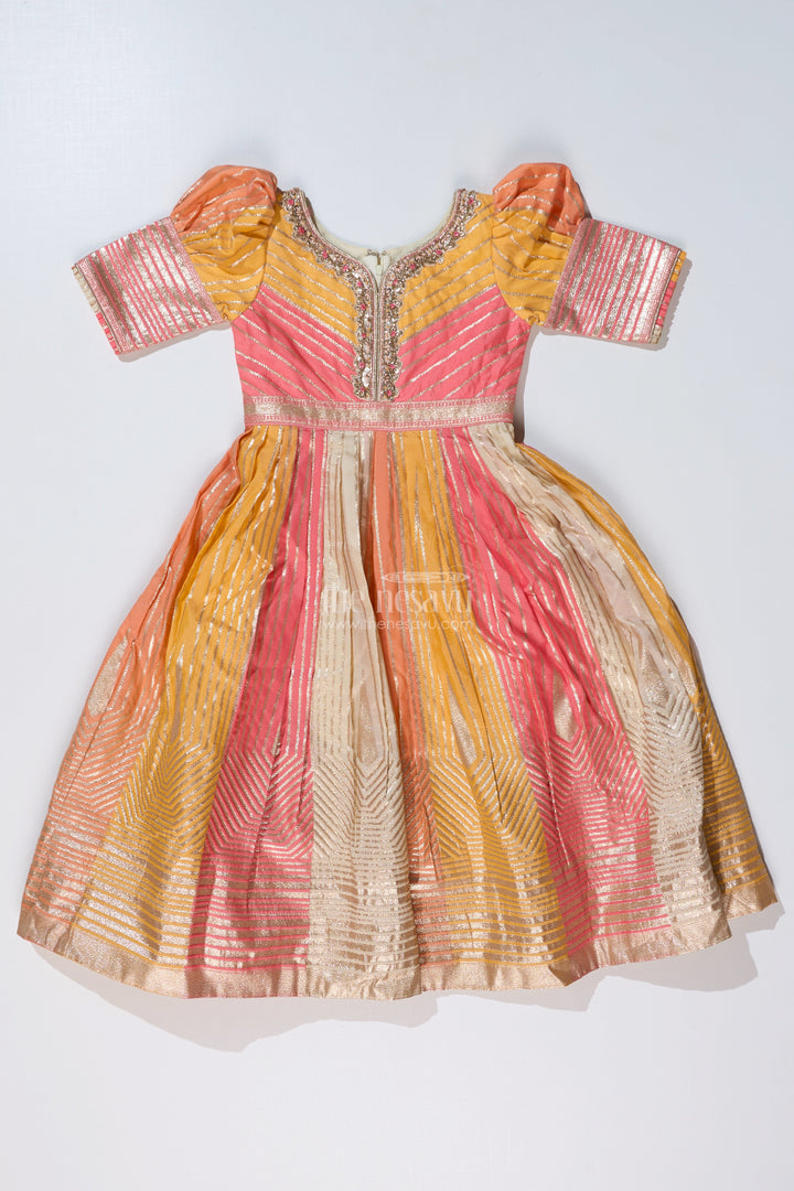 The Nesavu Girls Silk Gown Girls Yellow Gown with Banarasi Kali Jacquard Silk and Embellished Neckline for Festive Wear Nesavu Nesavu Girls Yellow Gown Banarasi Kali Jacquard Silk Embellished Neckline Festive Wear