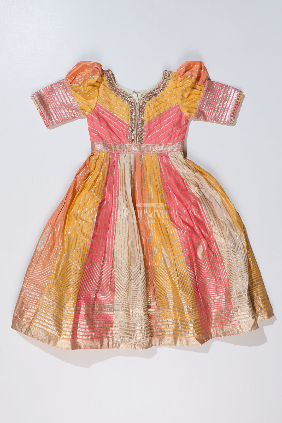 The Nesavu Girls Silk Gown Girls Yellow Gown with Banarasi Kali Jacquard Silk and Embellished Neckline for Festive Wear Nesavu Nesavu Girls Yellow Gown Banarasi Kali Jacquard Silk Embellished Neckline Festive Wear