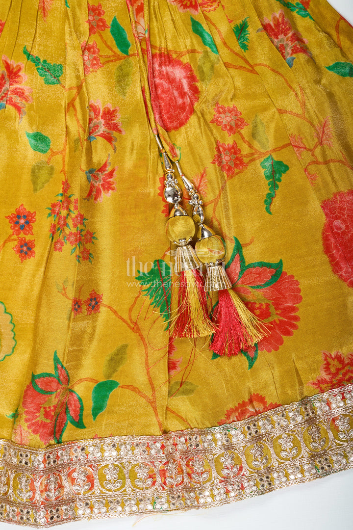 The Nesavu Girls Lehenga Choli Girls Yellow Lehenga for Reception with Floral Digital Prints and Embellished Waistband Nesavu Nesavu Girls Yellow Lehenga Reception Floral Digital Prints Embellished Waistband