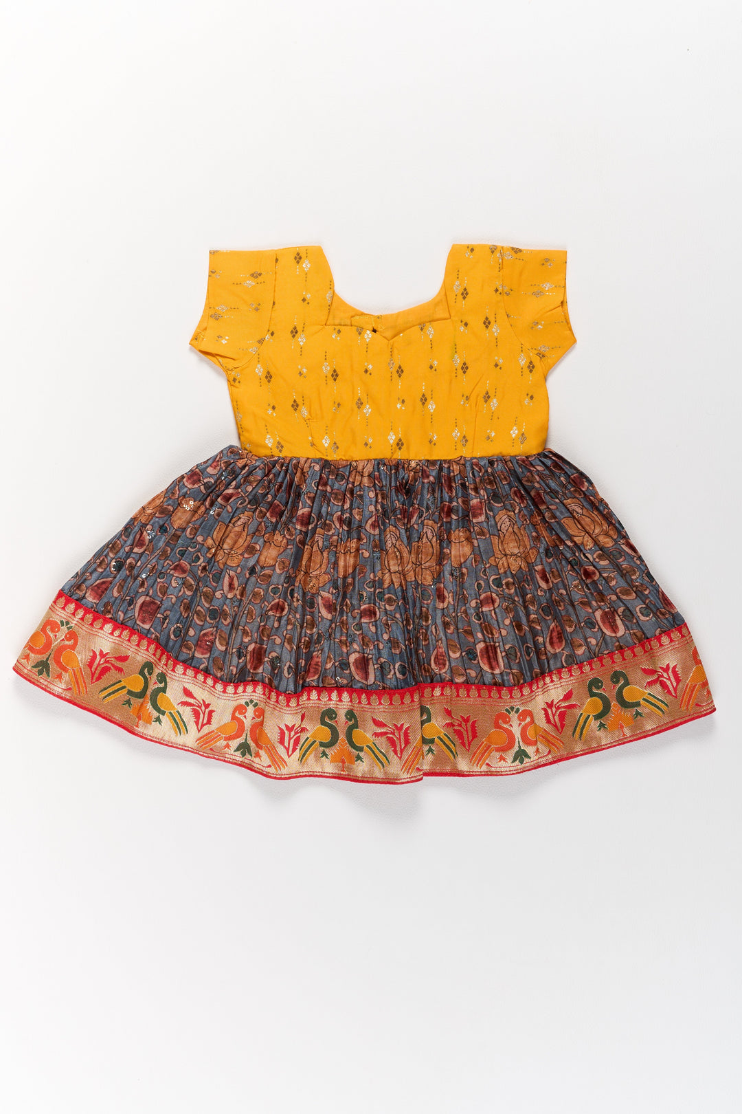 The Nesavu Silk Frock Girls Yellow Pattu Pavadai with Traditional Printed Border and Contrast Skirt for Festive Wear Nesavu 14 (6M) / Yellow SF958A-14 Nesavu Girls Yellow Pattu Pavadai Traditional Printed Border Contrast Skirt Festive Occasions