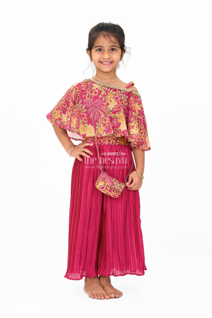 The Nesavu Girls Sharara / Plazo Set Girls Yellow Sharara Set in Georgette with Floral Printed Blouse Nesavu 16 (1Y) / Yellow GPS492A-16 Nesavu Girls Yellow Sharara Set Georgette Floral Printed Blouse