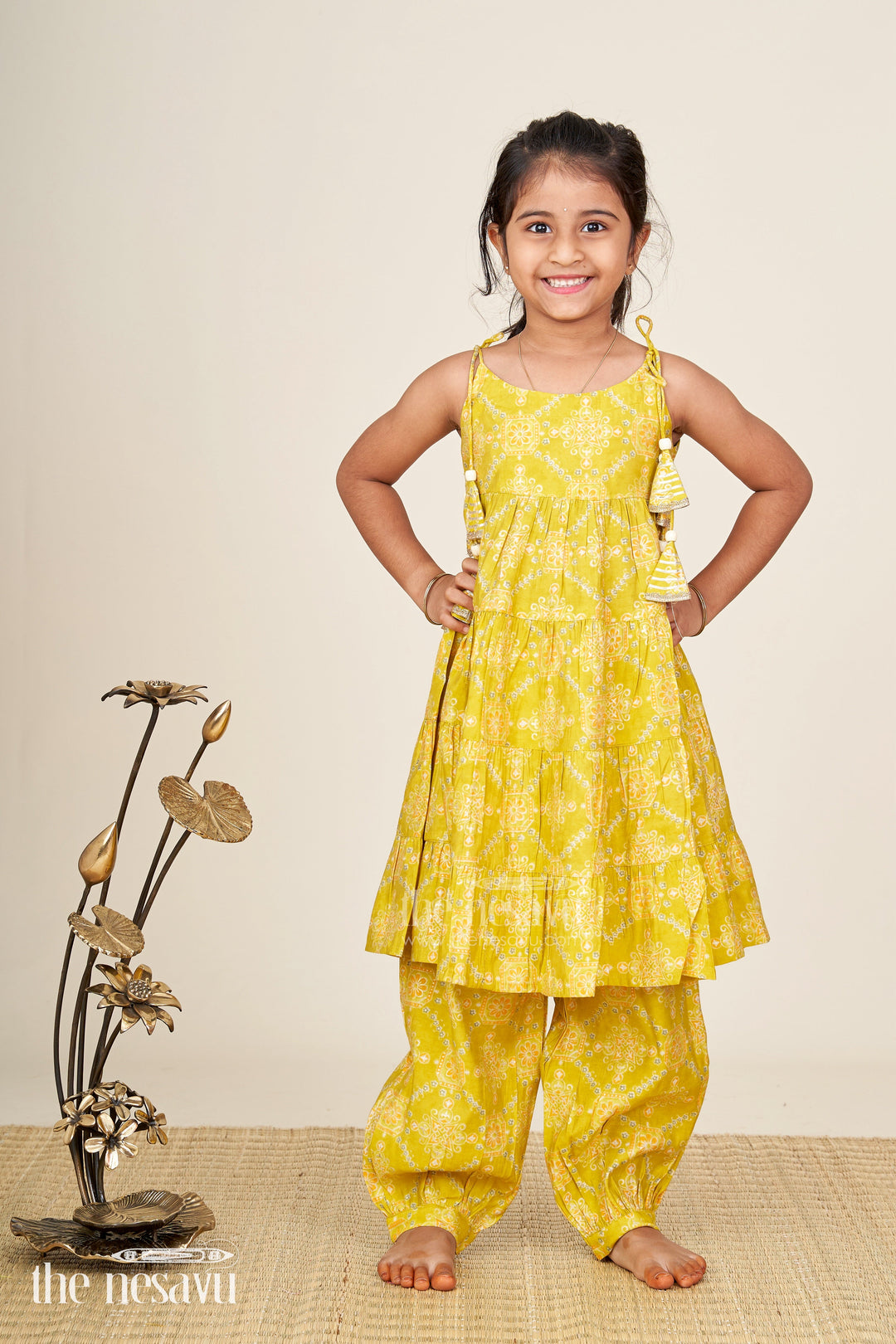 The Nesavu Girls Sharara / Plazo Set Girls yellow sharara set with printed tiered kurti for festive dressing Nesavu 24 (5Y) / Yellow GPS815B-24 Nesavu girls yellow cotton sharara set with tiered flared kurti and digital print for festive wear