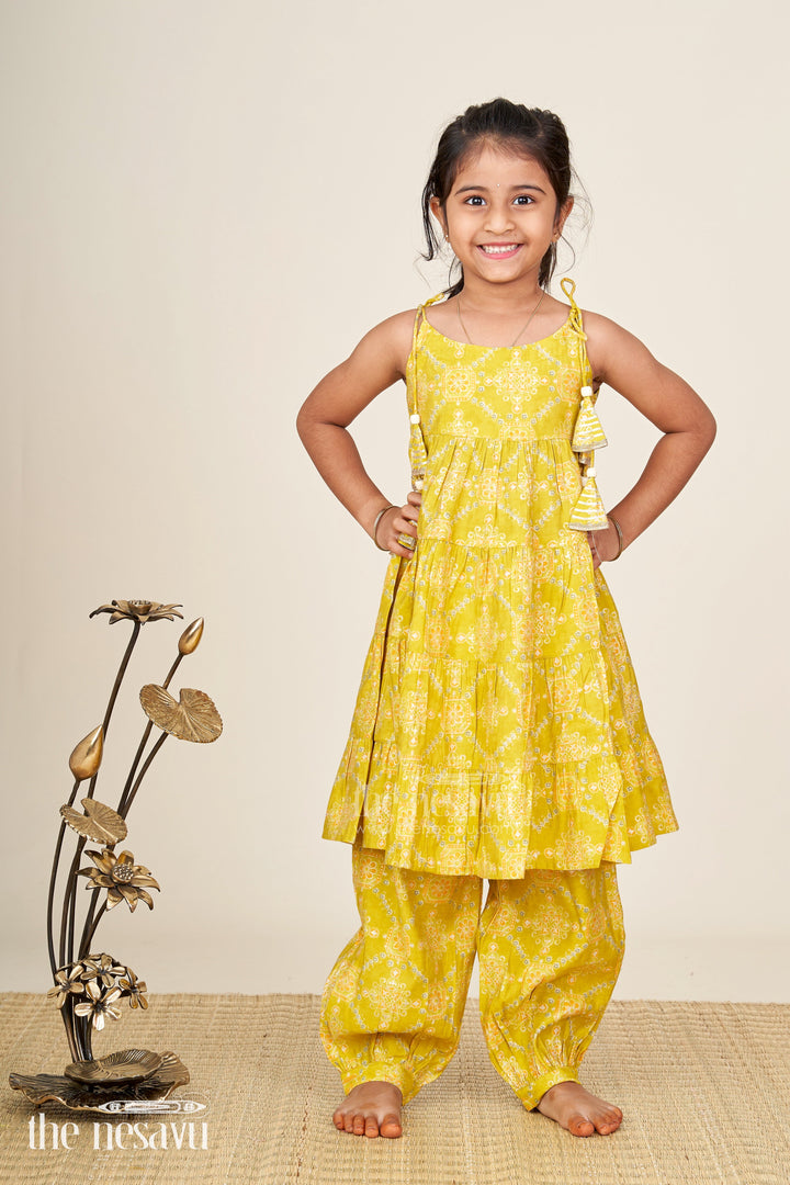 The Nesavu Girls Sharara / Plazo Set Girls yellow sharara set with printed tiered kurti for festive dressing Nesavu 24 (5Y) / Yellow GPS815B-24 Nesavu girls yellow cotton sharara set with tiered flared kurti and digital print for festive wear