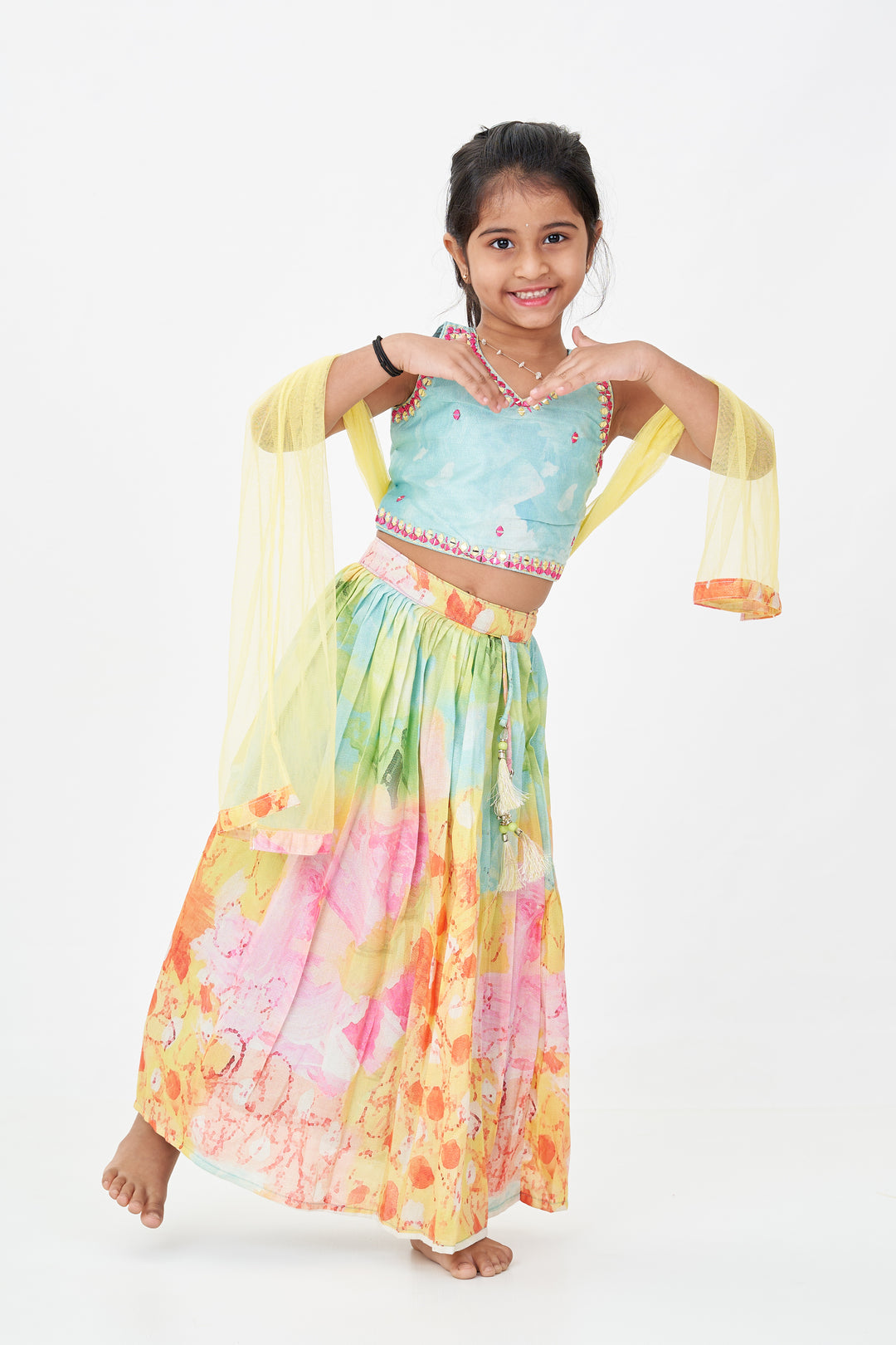 The Nesavu Girls Lehenga Choli Girls Yellow Shimmer Lehenga Choli with Vibrant Digital Print Perfect for Yellow Cotton Lehenga Party Look Nesavu 16 (1Y) / Yellow GL586B-16 Girls Yellow Shimmer Lehenga Choli Vibrant Digital Print Perfect Yellow Cotton Lehenga Inspired Festive Wear | The Nesavu