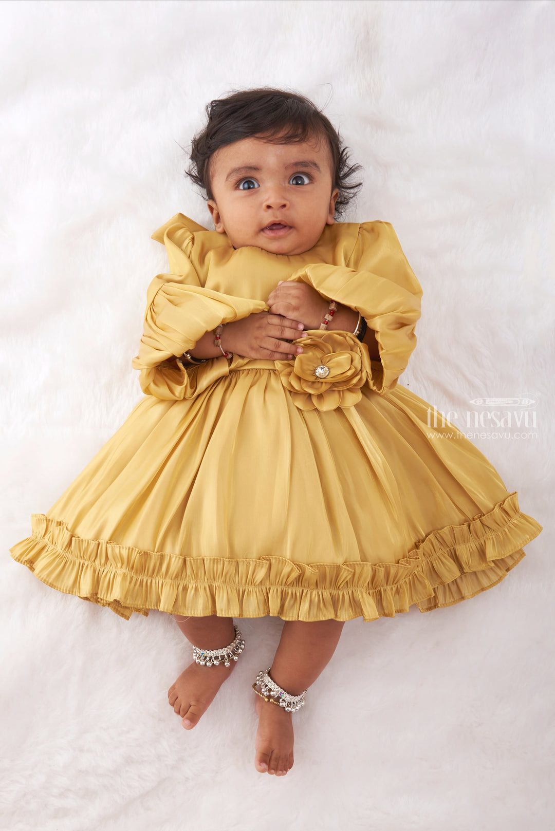 The Nesavu Baby Fancy Frock Glamorous Golden Yellow Organza Baby Frock with Floral Touch - Timeless Elegance Nesavu 14 (6M) / Yellow / Organza Plain BFJ476B-14 Graceful Attires for Little Darlings | Baby Girl Frocks | The Nesavu