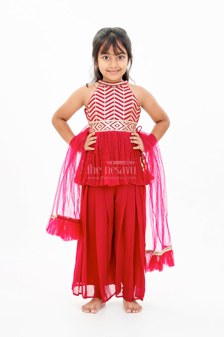 The Nesavu Girls Sharara / Plazo Set Glamorous Red Kurti Plazo Set for Girls with Sequin Embroidery and Stylish Dupatta Nesavu 16 (1Y) / Pink GPS538C-16 Nesavu Glamorous Red Kurti Plazo Set Girls Sequin Embroidery Stylish Dupatta