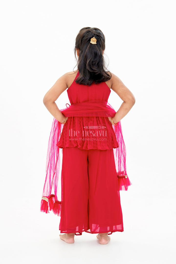 The Nesavu Girls Sharara / Plazo Set Glamorous Red Kurti Plazo Set for Girls with Sequin Embroidery and Stylish Dupatta Nesavu Nesavu Glamorous Red Kurti Plazo Set Girls Sequin Embroidery Stylish Dupatta