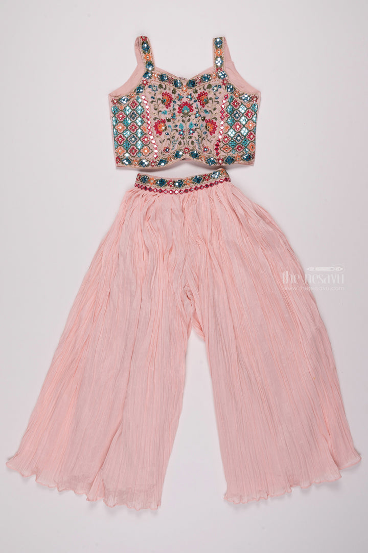 The Nesavu Girls Sharara / Plazo Set Glamorous Resham & Mirror Work Pink Crop Top with Trendy Pleated Palazzo for Girls Nesavu 28 (7Y) / Pink / Chiffon GPS190A-28 Mirror Embroidered Crop Top with Palazzo Pant Set | Trendy Palazo Collections | The Nesavu