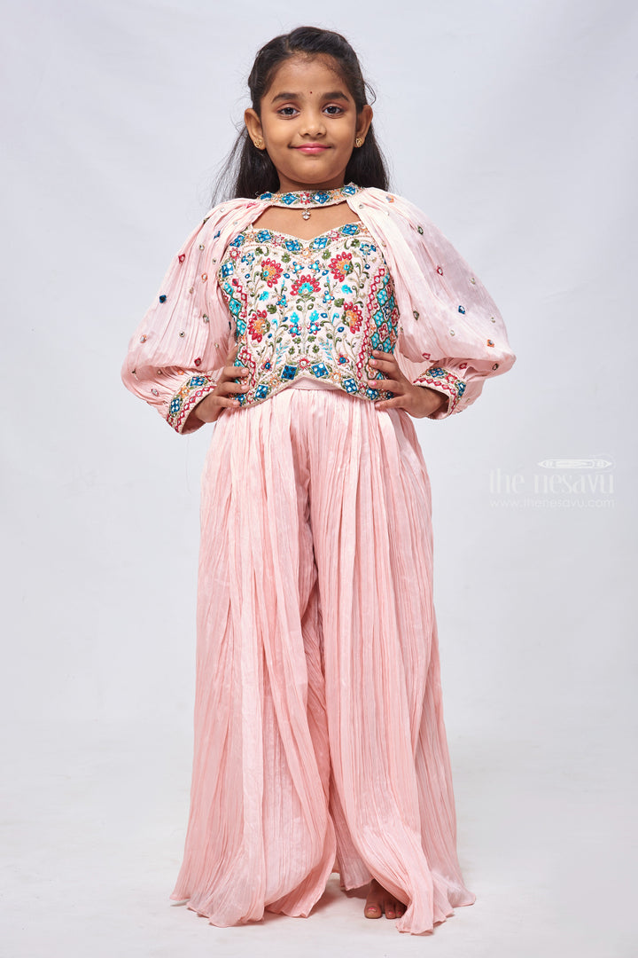 The Nesavu Girls Sharara / Plazo Set Glamorous Resham & Mirror Work Pink Crop Top with Trendy Pleated Palazzo for Girls Nesavu 28 (7Y) / Pink / Chiffon GPS190A-28 Mirror Embroidered Crop Top with Palazzo Pant Set | Trendy Palazo Collections | The Nesavu