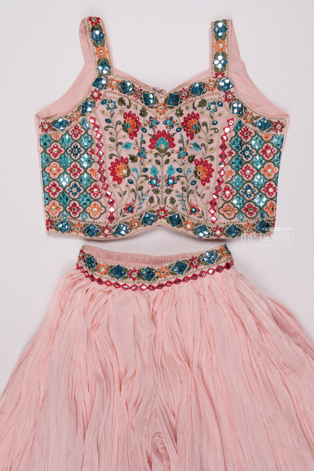 The Nesavu Girls Sharara / Plazo Set Glamorous Resham & Mirror Work Pink Crop Top with Trendy Pleated Palazzo for Girls Nesavu Mirror Embroidered Crop Top with Palazzo Pant Set | Trendy Palazo Collections | The Nesavu