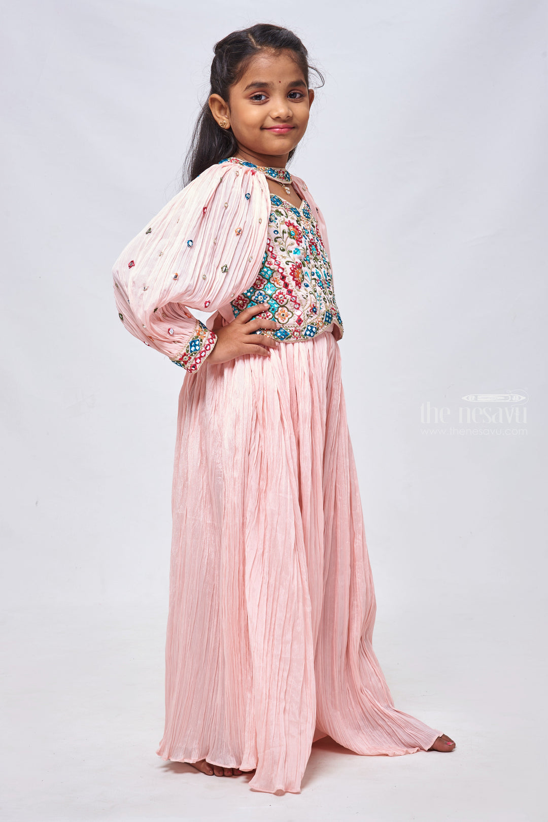 The Nesavu Girls Sharara / Plazo Set Glamorous Resham & Mirror Work Pink Crop Top with Trendy Pleated Palazzo for Girls Nesavu Mirror Embroidered Crop Top with Palazzo Pant Set | Trendy Palazo Collections | The Nesavu