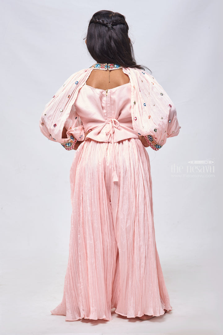 The Nesavu Girls Sharara / Plazo Set Glamorous Resham & Mirror Work Pink Crop Top with Trendy Pleated Palazzo for Girls Nesavu Mirror Embroidered Crop Top with Palazzo Pant Set | Trendy Palazo Collections | The Nesavu